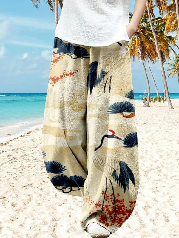 ZOCAVIA Japanese Style Lantern Pants for Women Summer Baggy Boho Floral Wide Leg Pants Elastic Hippie Trouser with Pockets