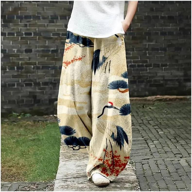 ZOCAVIA Japanese Style Lantern Pants for Women Summer Baggy Boho Floral Wide Leg Pants Elastic Hippie Trouser with Pockets