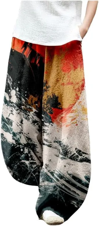 ZOCAVIA Japanese Style Lantern Pants for Women Summer Baggy Boho Floral Wide Leg Pants Elastic Hippie Trouser with Pockets