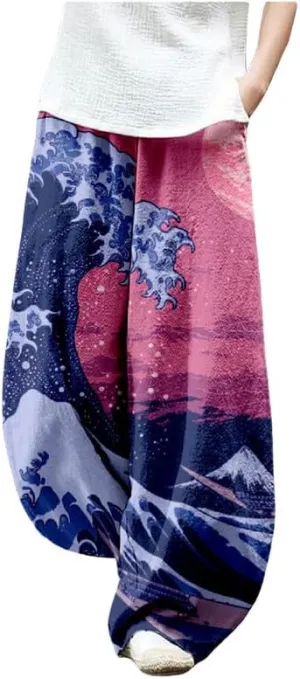 ZOCAVIA Japanese Style Lantern Pants for Women Summer Baggy Boho Floral Wide Leg Pants Elastic Hippie Trouser with Pockets
