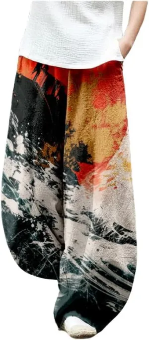 ZOCAVIA Japanese Style Lantern Pants for Women Summer Baggy Boho Floral Wide Leg Pants Elastic Hippie Trouser with Pockets