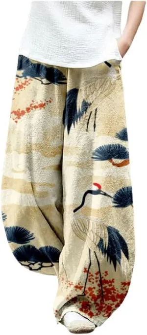 ZOCAVIA Japanese Style Lantern Pants for Women Summer Baggy Boho Floral Wide Leg Pants Elastic Hippie Trouser with Pockets