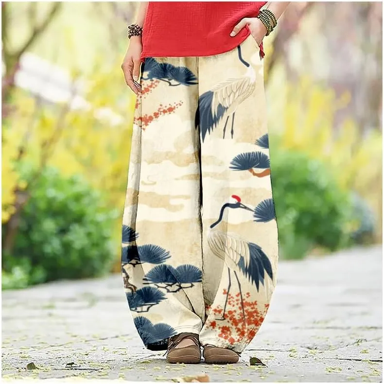 ZOCAVIA Japanese Style Lantern Pants for Women Summer Baggy Boho Floral Wide Leg Pants Elastic Hippie Trouser with Pockets