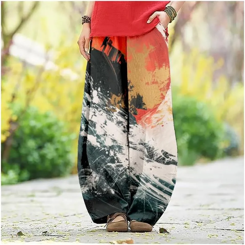 ZOCAVIA Japanese Style Lantern Pants for Women Summer Baggy Boho Floral Wide Leg Pants Elastic Hippie Trouser with Pockets